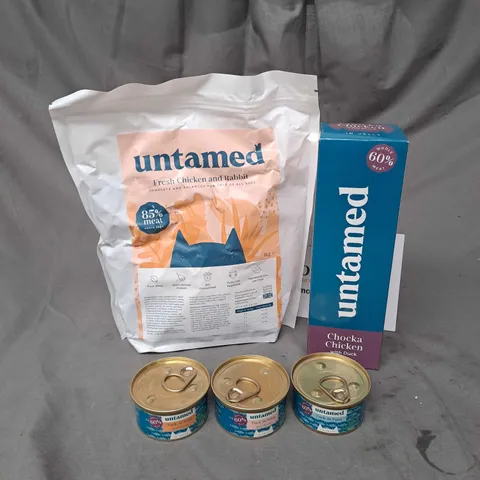 BOXED SEALED UNTAMED ASSORTED CATFOOD TO INCLUDE TINS AND BISCUITS