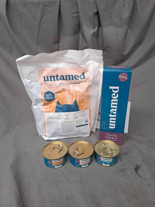 BOXED SEALED UNTAMED ASSORTED CATFOOD TO INCLUDE TINS AND BISCUITS