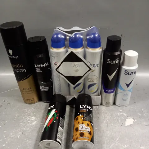 APPROXIMATELY 20 ASSORTED AEROSOLS TO INCLUDE LYNX DEODORANT, KERATIN HAIRSPRAY, DOVE DEODORANT ETC - COLLECTION ONLY 