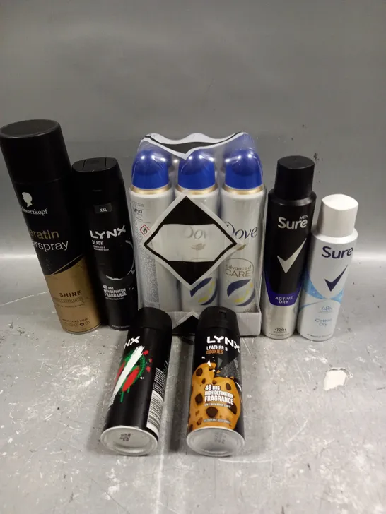 APPROXIMATELY 20 ASSORTED AEROSOLS TO INCLUDE LYNX DEODORANT, KERATIN HAIRSPRAY, DOVE DEODORANT ETC - COLLECTION ONLY 