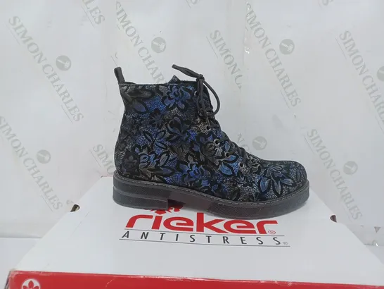 BOXED PAIR OF RIEKER LACE UP BOOTS IN NAVY SIZE 8 