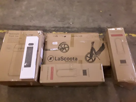 PALLET OF ASSORTED PRODUCTS INCLUDING AUTOMATIC TRASH CAN, KEYBOARD & MOUSE SET, BLADLESS PURIFIER & HEATER FAN, LASCOOTA SCOOTER  