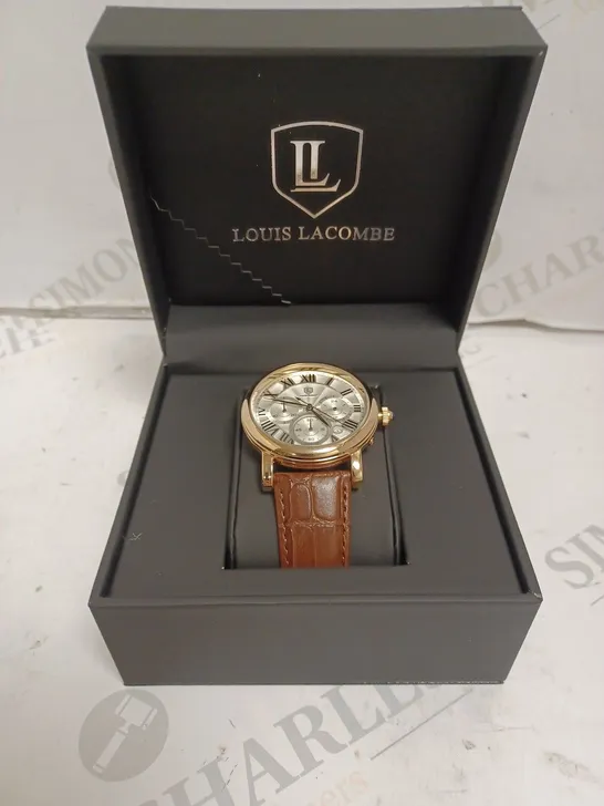 MENS LOUIS LACOMB WATCH WITH ROMAN NUMERALS  – SUB DIALS WITH DATE – STAINLESS STEEL FACE – LEATHER STRAP – 3ATM WATER RESISTANT 