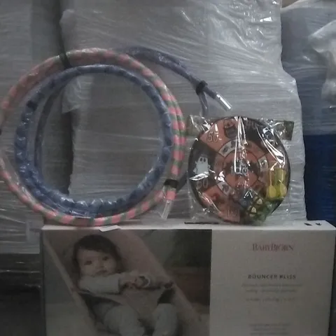 PALLET OF ASSORTED ITEMS INCLUDING,  FLAMES N GAMES HULA HOOPS, BABYBJORN BABY BOUNCER AND CHILDRENS GAMES