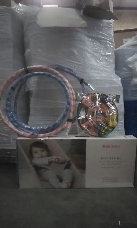 PALLET OF ASSORTED ITEMS INCLUDING,  FLAMES N GAMES HULA HOOPS, BABYBJORN BABY BOUNCER AND CHILDRENS GAMES