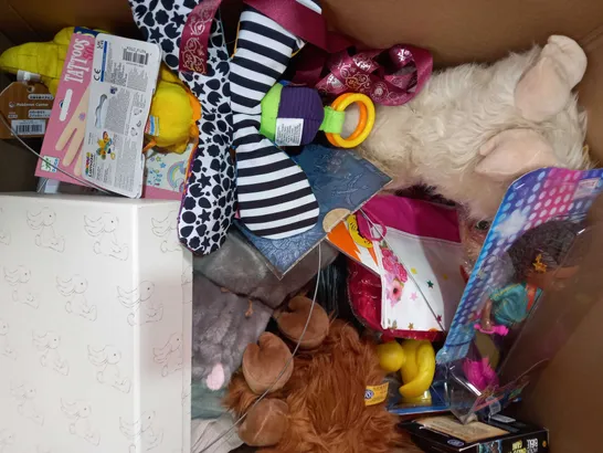 BOX OF APPROXIMATELY 15 ASSORTED TOYS AND GAMES TO INCLUDE MY LITTLE PONY PINKIE PIE DOLL, PLAY PLAYING CARDS, KARMA'S WORLD SWITCH STEIN DOLL, ETC