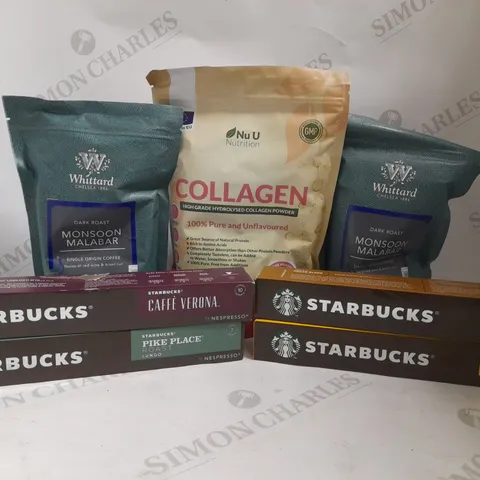 BOX OF APPROX 10 ITEMS TO INCLUDE STARBUCKS COFFEE PODS, WHITTARD GROUND COFFEE AND NU U COLLAGEN POWDER