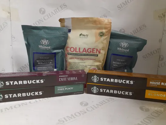 BOX OF APPROX 10 ITEMS TO INCLUDE STARBUCKS COFFEE PODS, WHITTARD GROUND COFFEE AND NU U COLLAGEN POWDER