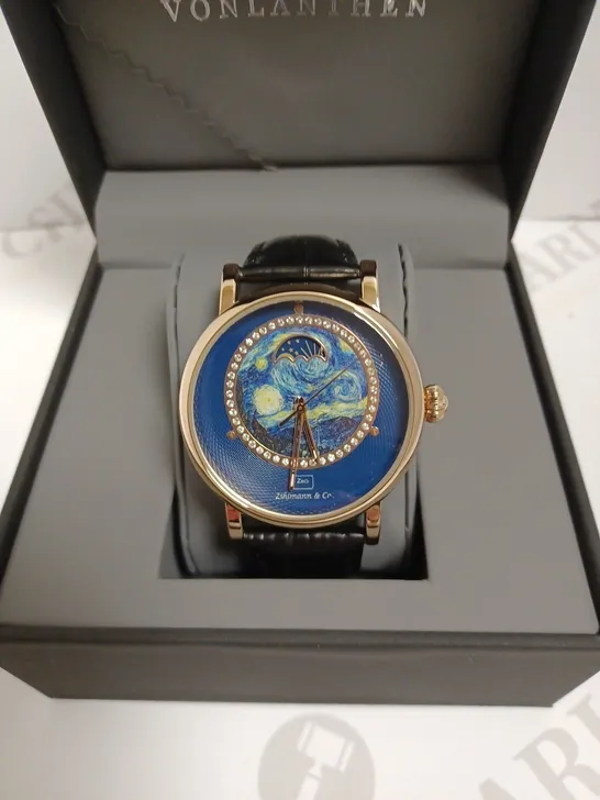 ZIHLMANN & CO ROSE GOLD EFFECT WATCH WITH BLACK LEATHER STRAP AND BLUE PICASSO MOON FACE