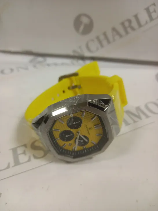 MENS LOUIS LACOMBE CHRONGRAPH WATCH – 3 SUB DIALS – SILVER COLOUR CASE – YELLOW RUBBER STRAP 