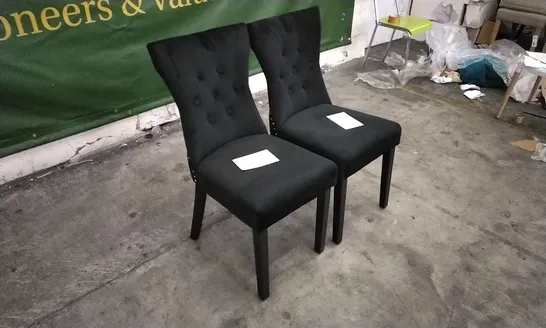 PAIR OF KENSINGTON BLACK VELVET BUTTON BACK DINING CHAIRS WITH BLACK LEGS