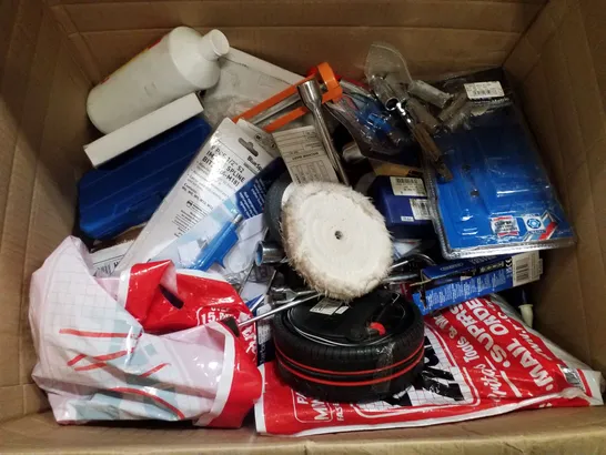 BOX CONTAINING MIXED ITEMS INCLUDING AIR COMPRESSOR, GRINDING WHEEL, IMPACT SPLINE BITS 