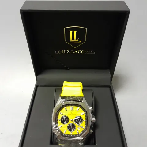 BOXED LOUIS LACOMBE CHRONOGRAPH 3 SUB DIAL WATCH WITH YELLOW RUBBER STRAP