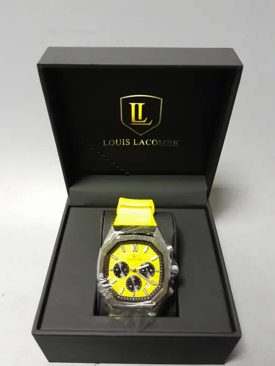 BOXED LOUIS LACOMBE CHRONOGRAPH 3 SUB DIAL WATCH WITH YELLOW RUBBER STRAP