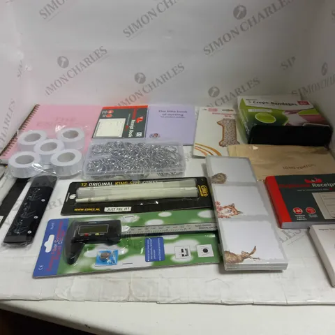 LOT OF ASSORTED HOUSEHOLD GOODS TO INCLUDE WHITE ROLL TAPE, CREPE BANDAGES, AND MAGNETIC CHARGER ETC.