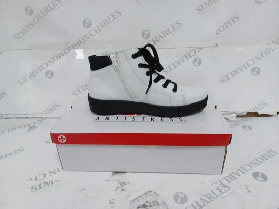 BOXED RIEKER WHITE HI TOP CUFFED TRAINERS- SIZE 5 