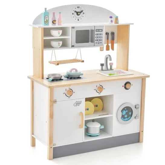 BOXED COSTWAY CORNER KITCHEN SET FOR CHILDREN FROM 3 YEARS MADE OF WOOD ICE MAKER MICROWAVE OVEN SINK WASHING MACHINE TOWEL RACK