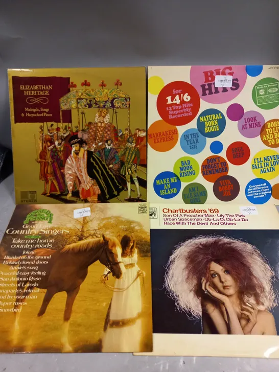 APPROXIMATELY 20 ASSORTED VINYLS TO INCLUDE CHARTBUSTERS 69, COUNTRY SINGERS, SPARTACVS ETC