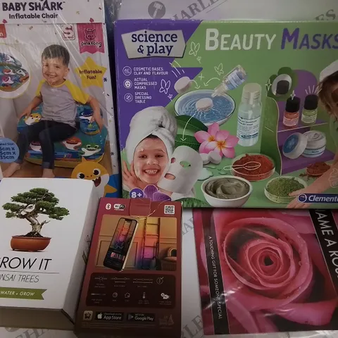 LOT OF 5 ASSORTED HOUSEHOLD ITEMS TO INCLUDE GROW IT BONSAI, APPCONTROLLED STRING LIGHTS AND NAME A ROSE