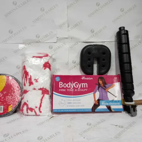 BOX OF APPROX 25 ASSORTED ITEMS TO INCLUDE - BODY GYM FIRM TONE - KATUN ACCESS TONER CARTRIDGE - AMTECH ROTARY MONITOR STAND ECT