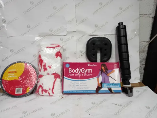 BOX OF APPROX 25 ASSORTED ITEMS TO INCLUDE - BODY GYM FIRM TONE - KATUN ACCESS TONER CARTRIDGE - AMTECH ROTARY MONITOR STAND ECT