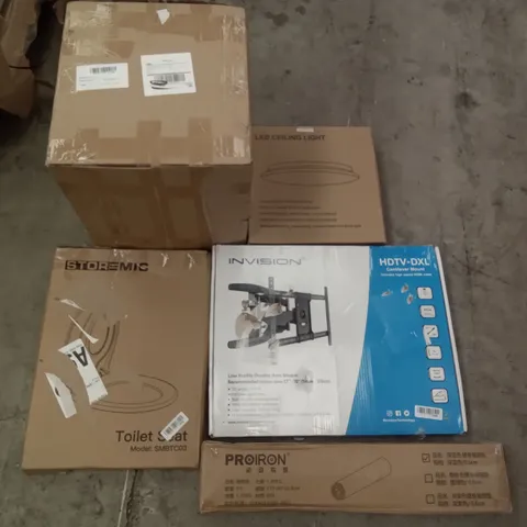 PALLET OF ASSORTED ITEMS INCLUDING STOREMIC TOILET SEAT, LED CEILING LIGHT, INVISION LOW PROFILE DOUBLE ARM MOUNT, PROIRON YOGA MAT, AICOK JUICE EXTRACTOR, OAK FLOATING SHELF