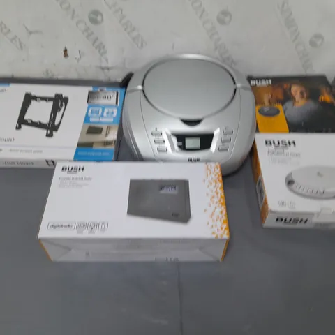 BOX OF APPROXIMATELY 9 ASSORTED ITEMS TO INCLUDELED ALARM CLOCK, TV WALL MOUNT AND PORTABLE RADIO