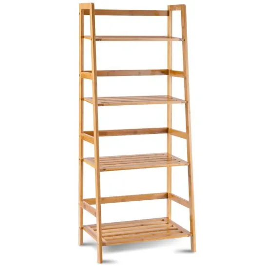 BOXED COSTWAY 4-TIER BAMBOO PLANT STAND WITH REAR BAR AND SLATTED TIER DESIGN