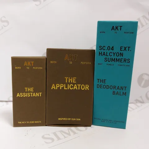 BOX OF 3 AKT ITEMS TO INCLUDE DEODORANT BALM, THE APPLICATOR AND THE ASSISTANT