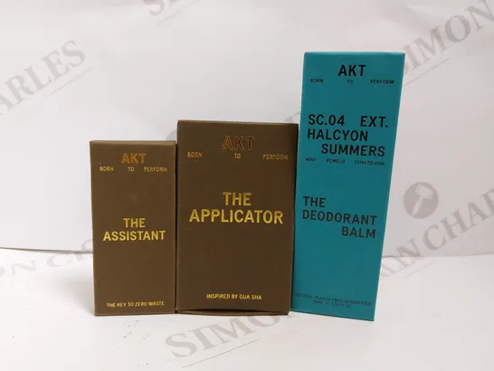 BOX OF 3 AKT ITEMS TO INCLUDE DEODORANT BALM, THE APPLICATOR AND THE ASSISTANT