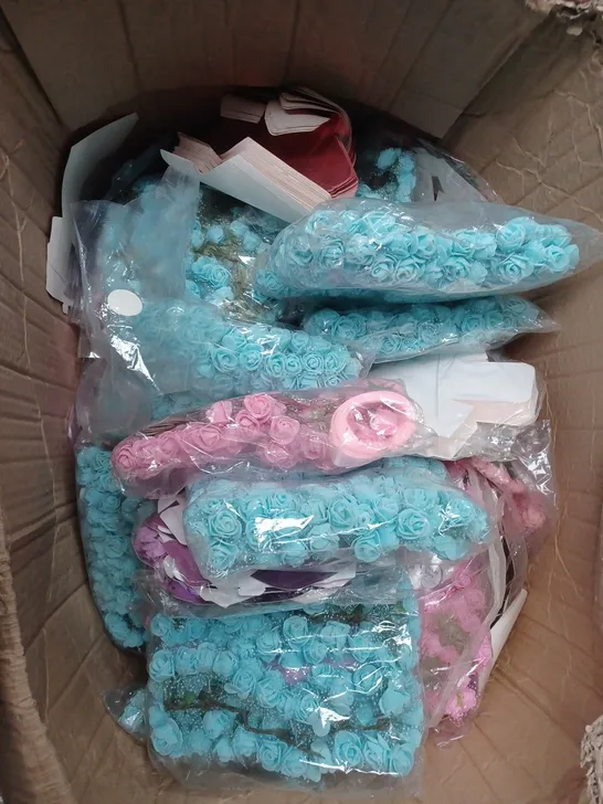 LARGE BOX OF ASSORTED WEDDING FAVOURS, RIBBONS AND FLOWERS