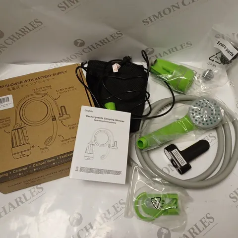 BOXED BATTERY POWERED CAMPING SHOWER WITH CARRY BAG, BATTERY, USB CHARGER CABLE AND INSTRUCTIONS