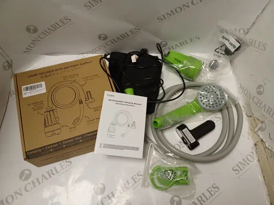 BOXED BATTERY POWERED CAMPING SHOWER WITH CARRY BAG, BATTERY, USB CHARGER CABLE AND INSTRUCTIONS