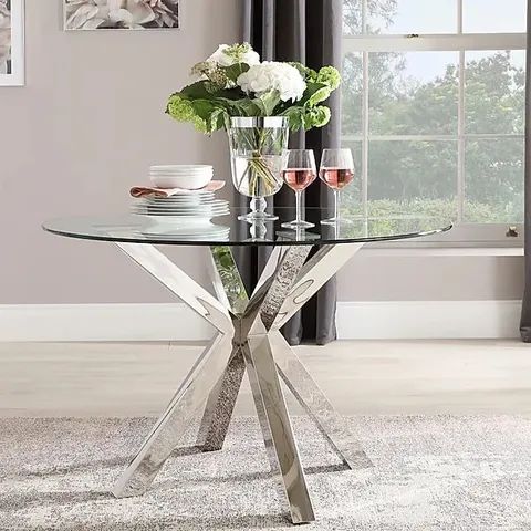 BOXED PLAZA ROUND GLASS AND CHROME 110CM DINING TABLE (2 BOXES)