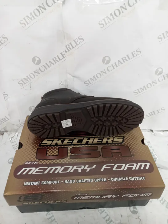 BOXED SKECHERS USA LEATHER BOOTS, CHOCOLATE - SIZE 9