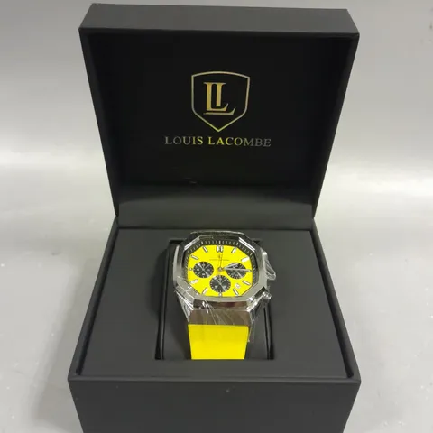 MENS LOUIS LACOMBE CHRONGRAPH WATCH – 3 SUB DIALS – SILVER COLOUR CASE – YELLOW RUBBER STRAP