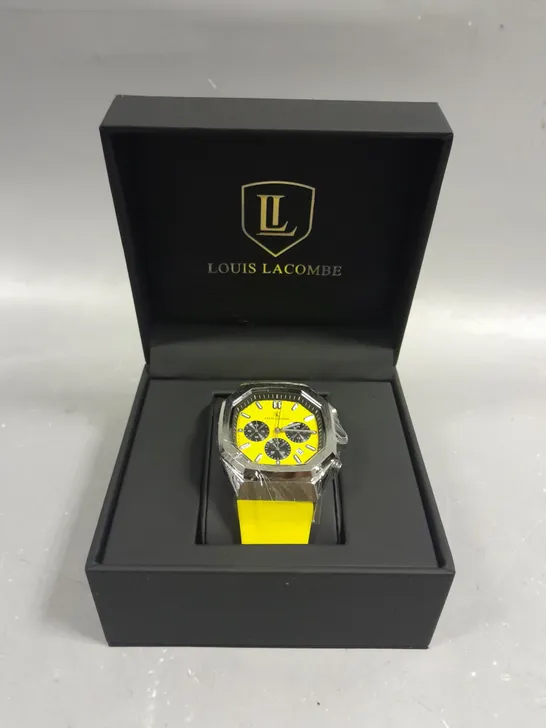 MENS LOUIS LACOMBE CHRONGRAPH WATCH – 3 SUB DIALS – SILVER COLOUR CASE – YELLOW RUBBER STRAP