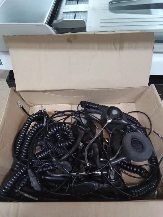 BOX OF ELECTRONICS INCLUDING VISION POWER AMPLIFIER, EPSON SCANNER AND ASSORTED HEADSETS