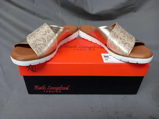 BOXED PAIR OF RUTH LANGSFORD FLAT SANDALS IN METALLIC CHAMPAGNE GOLD SIZE 5