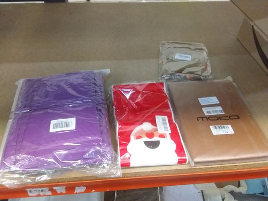 BOX OF ASSORTED HOMEWARE ITEMS TO INCLUDE TABLET CASES, PURPLE POSTAGE BAGS, STRING BANNERS ETC