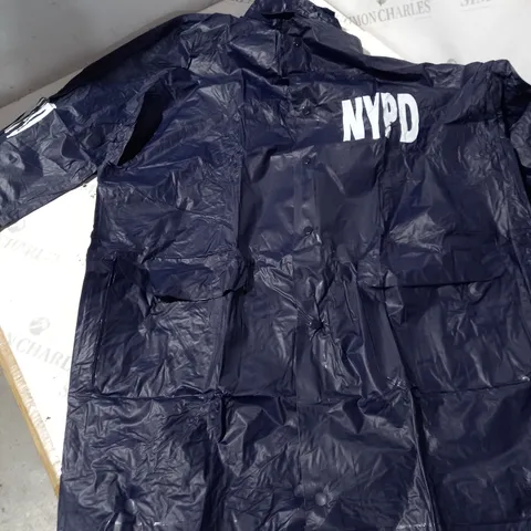 APPROXIMATELY 50 PVC RAINCOATS WITH NYPD LOGO IN NAVY - SIZES UNSPECIFIED