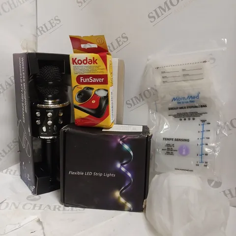 BOX OF APPROXIMATELY 10 ASSORTED ITEMS TO INCLUDE WIRELESS MICROPHONE, DISPOSABLE CAMERA, LED STRIP LIGHTS ETC