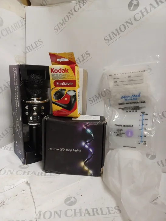 BOX OF APPROXIMATELY 10 ASSORTED ITEMS TO INCLUDE WIRELESS MICROPHONE, DISPOSABLE CAMERA, LED STRIP LIGHTS ETC