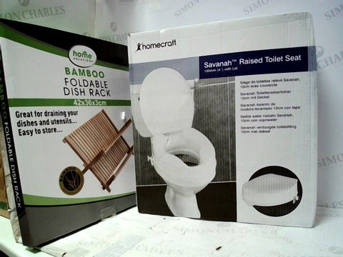 LARGE BOX OF APPROXIMATELY 5 ASSORTED HOMEWARE ITEMS TO INCLUDE: HOMECRAFT SAVANAH RAISED TOILET SEAT, HOME SOLUTIONS BAMBOO FOLDABLE DISH RACK ETC