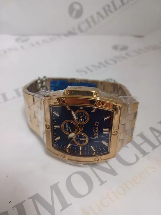 BOXED GAMAGES OF LONDON MAGNITUDE ROSE GOLD BLUE DIAL LINK STRAP WATCH 