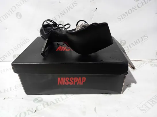 BOXED PAIR OF MISSAP LACE UP DIAMANTE DETAIL HEELS IN BLACK UK SIZE 4