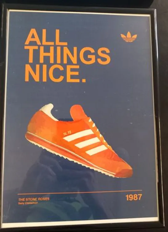 FIVE FRAMED ADIDAS CASUALS/MANCHESTER MUSIC SCENE INSPIRED PRINTS TO INCLUDE BLUE MONDAY/MANCHESTERS, LIVE FOREVER/HAMBURGS AND WONDERWALL/STOCKHOLMS