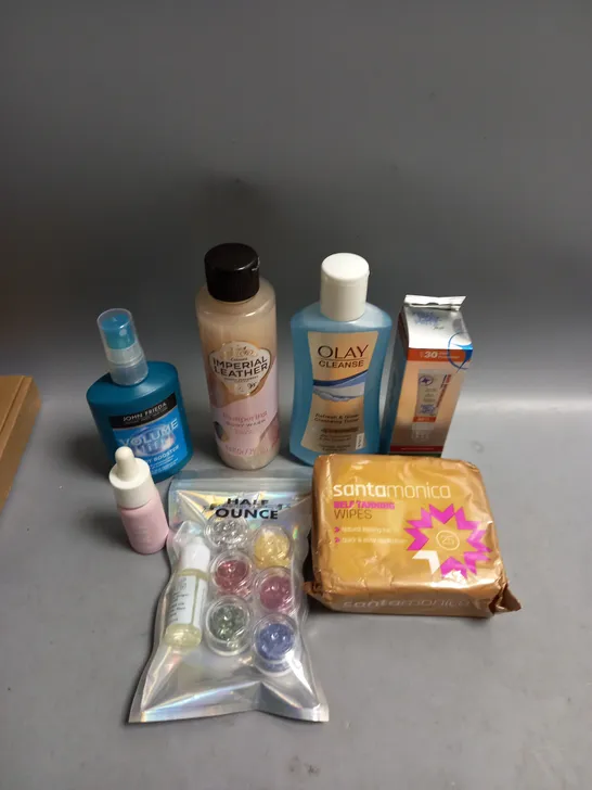 BOX OF APPROXIMATELY 20 COSMETIC ITEMS TO INCLUDE - IMPERIAL LEATHER BODY WASH - OLAY TONER - SANTAMONICA TANNING WIPES - ETC 