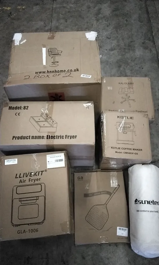 PALLET OF UNPROCESSED ITEMS TO INCLUDE KOTLIE COFFEE MACHINE, MADICURE FOOTREST, AND LLIVEKIT AIR FRYER