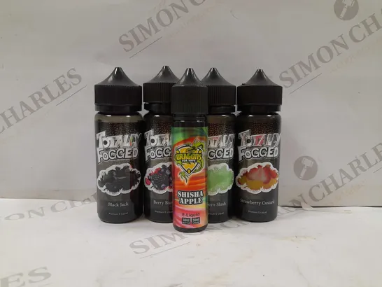 BOX OF APPROX 5 ASSORTED E LIQUIDS TO INCLUDE - TOTALLY FOGGED GREEN SLUSH - TOTALLY FOGGED BLACK JACK - TOTALLY FOGGED BERRY BURST ECT